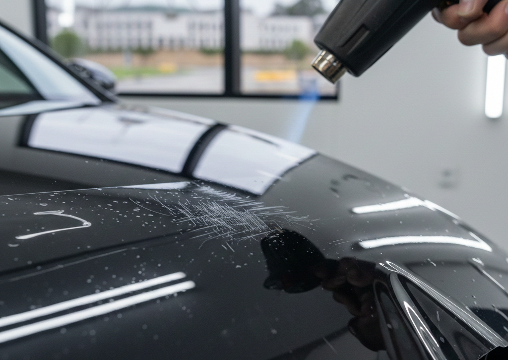 Technician using a heat gun to activate the self-healing properties of PPF (Paint Protection Film) on a black car fender in Canberra.