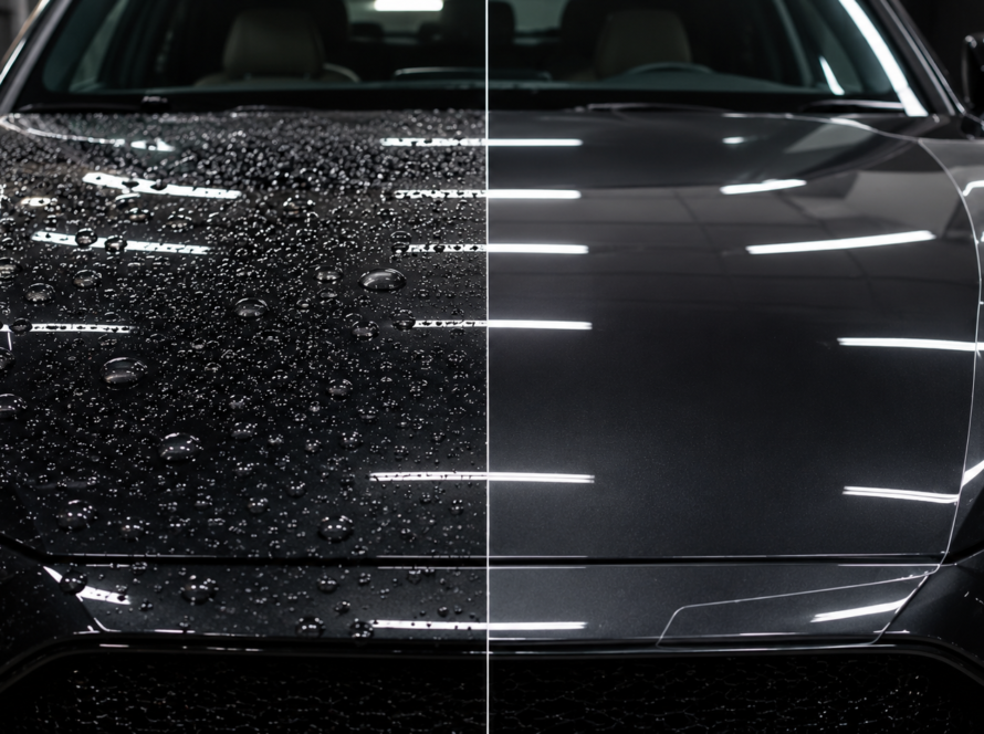 Comparison of ceramic coating water beading and paint protection film on a car bonnet.